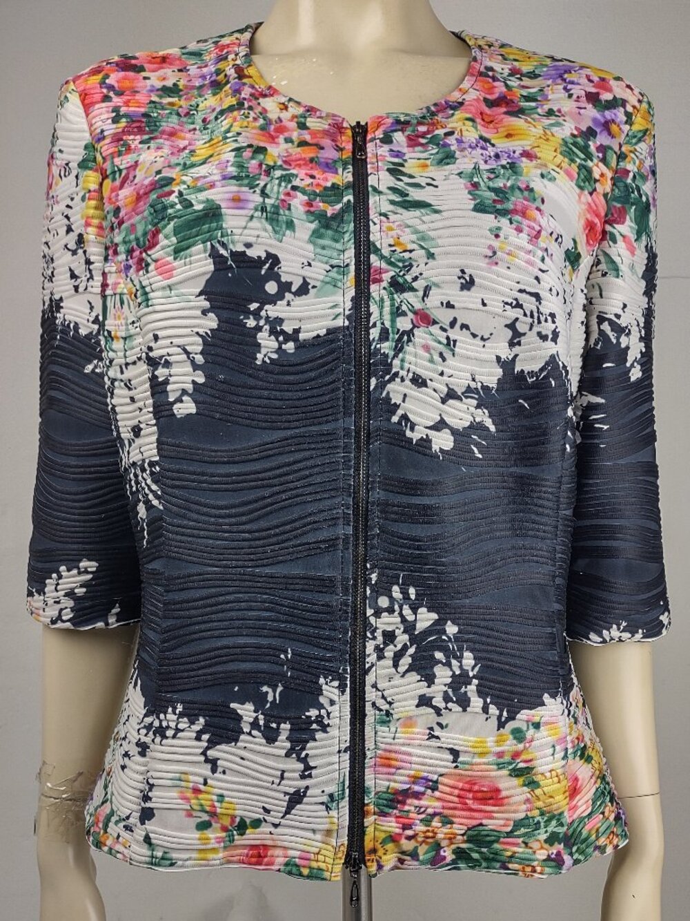 Joseph Ribkoff black white colorful ribbed full zip blazer jacket ladies size 16